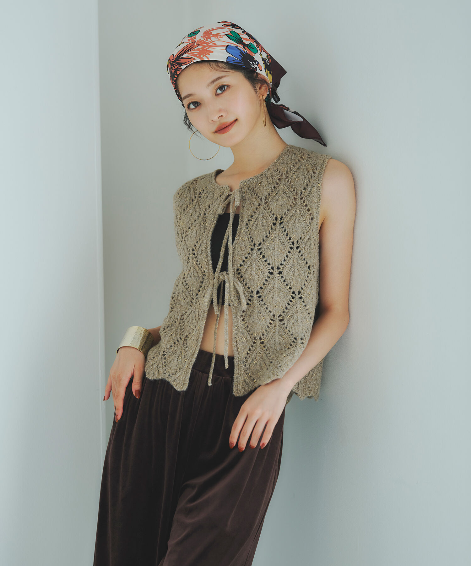  「ラメネップ透かし編みジレ」|ニット・セーター|ベージュ