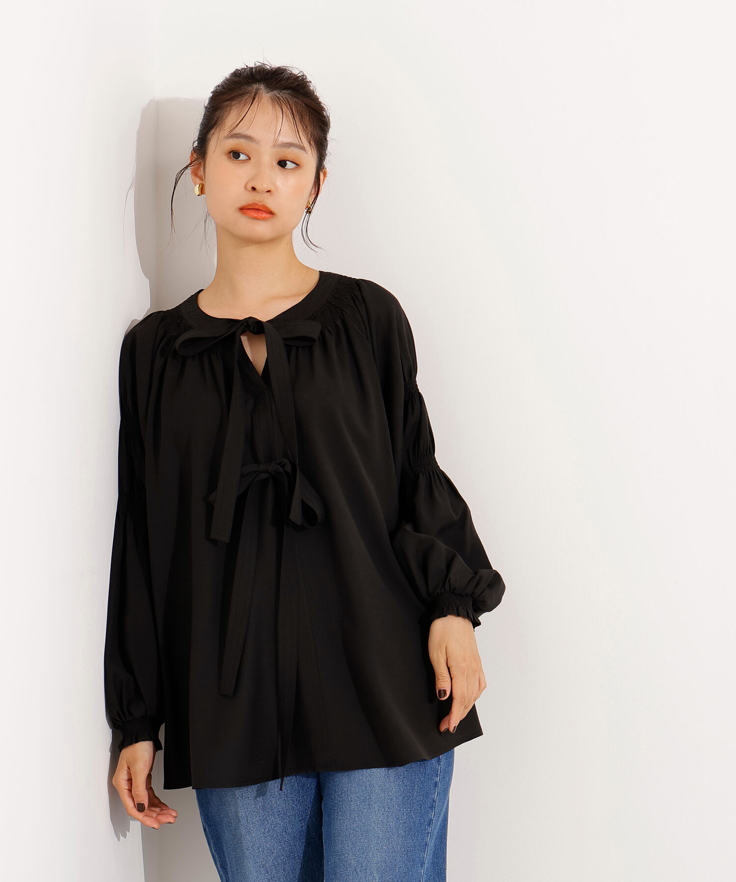 「2wayダブルリボンチュニックブラウス」|シャツ・ブラウス|ブラック