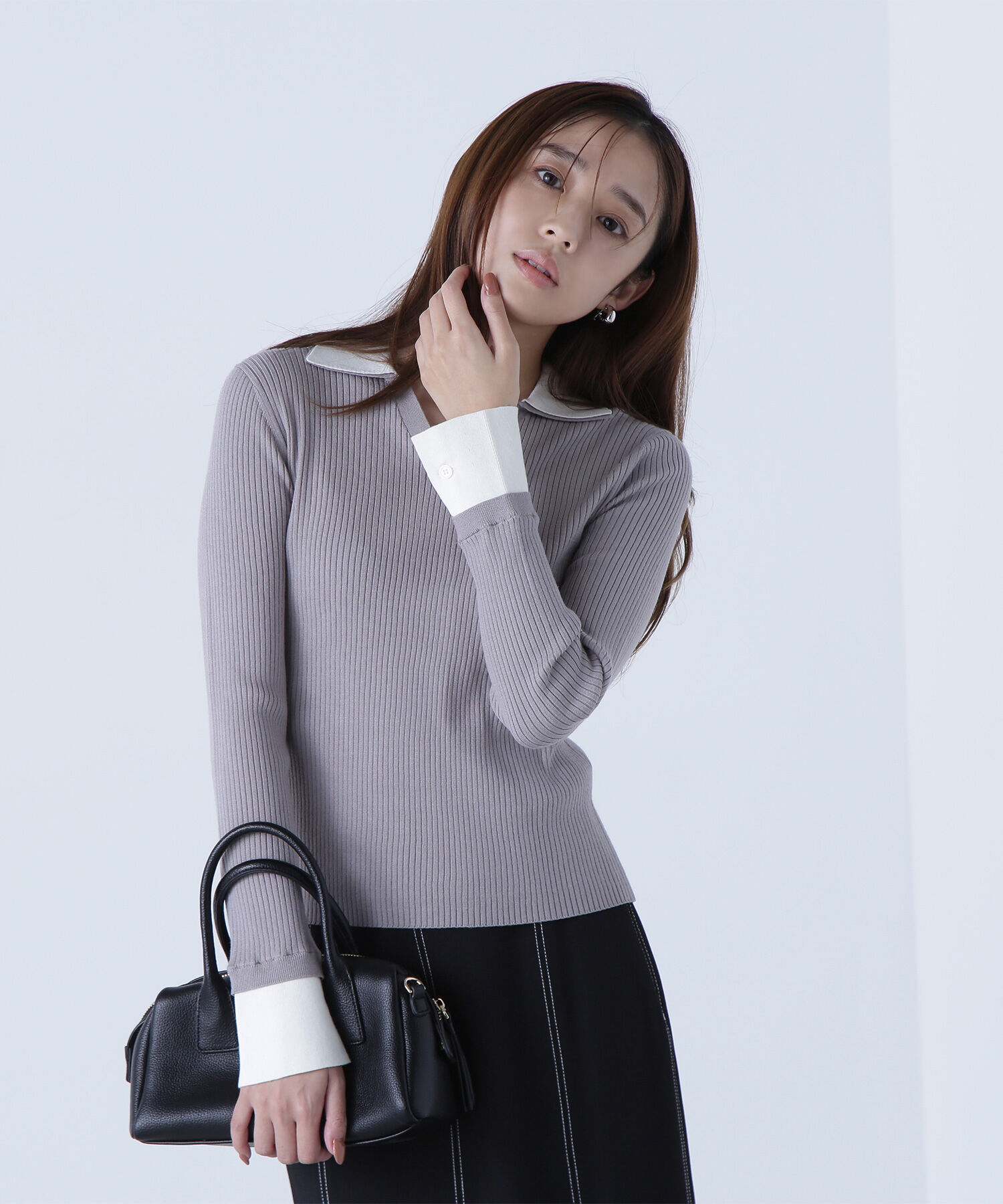  「ダブルカラーVネックリブニット」|ニット・セーター|グレー&times;オフ2