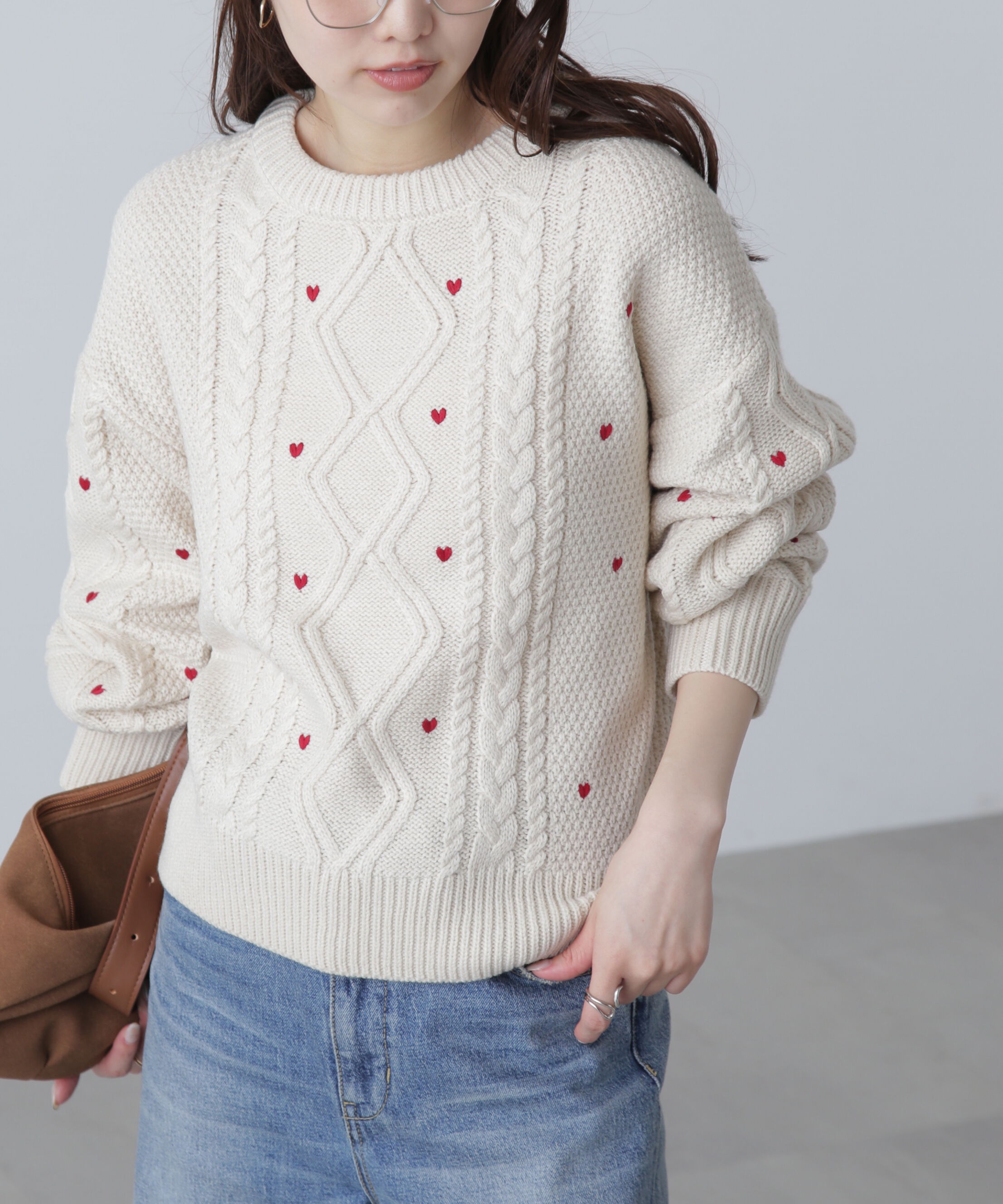  「ハート刺繍ケーブルニット」|ニット・セーター|