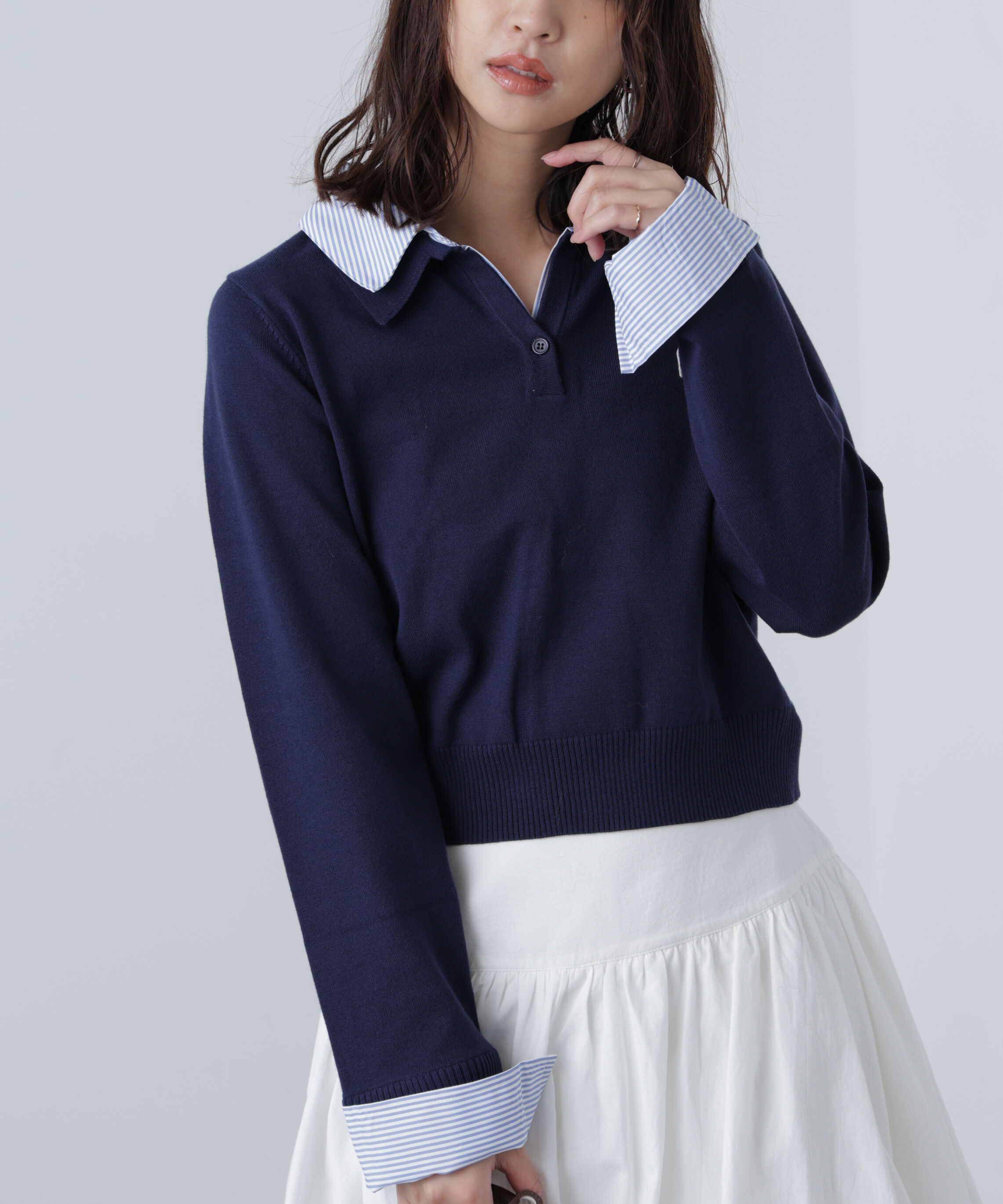 「衿付きレイヤード風ポロニット」|ニット・セーター|