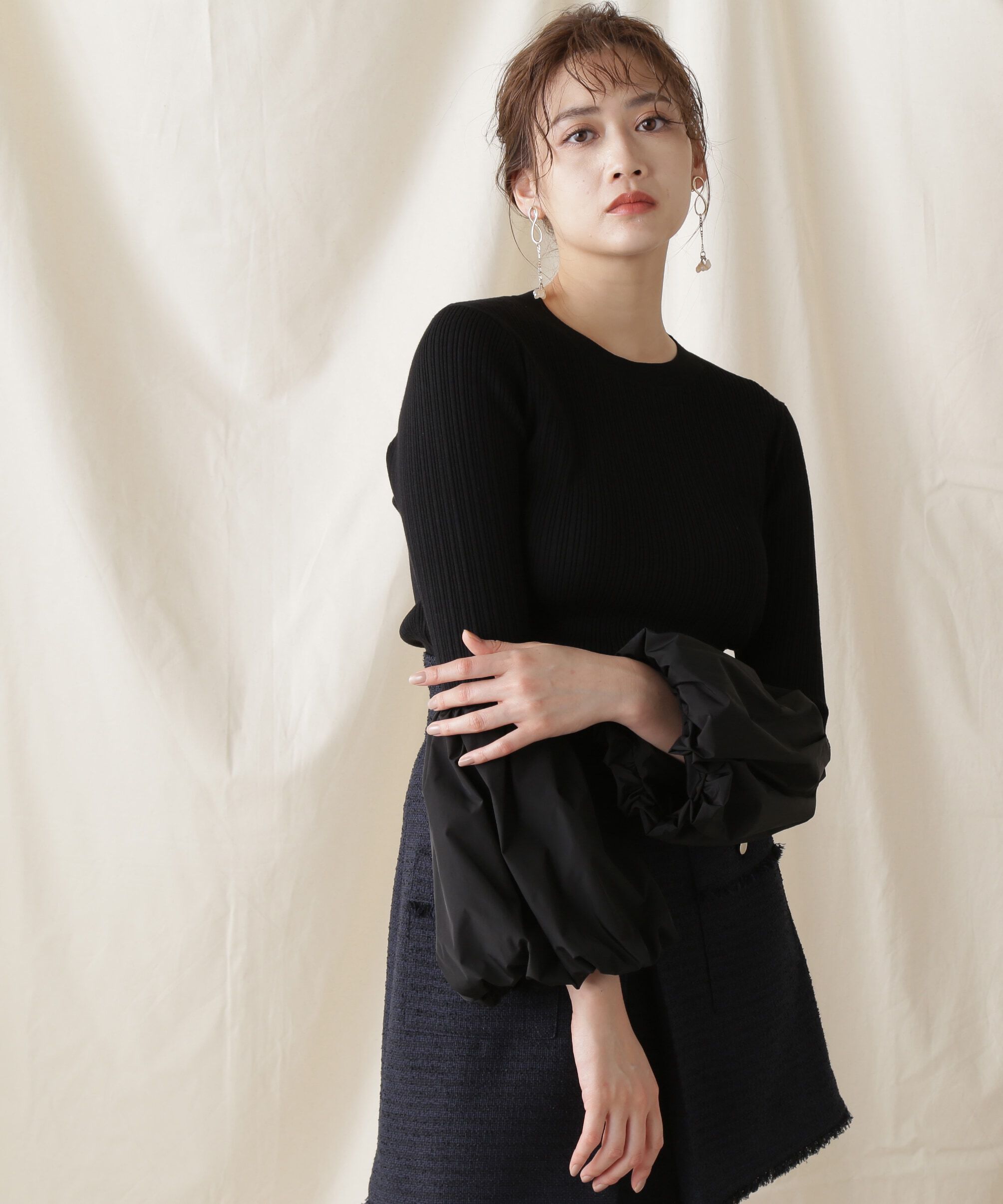  「イソザイコンビベルスリーブニットトップス」|ニット・セーター|ブラック