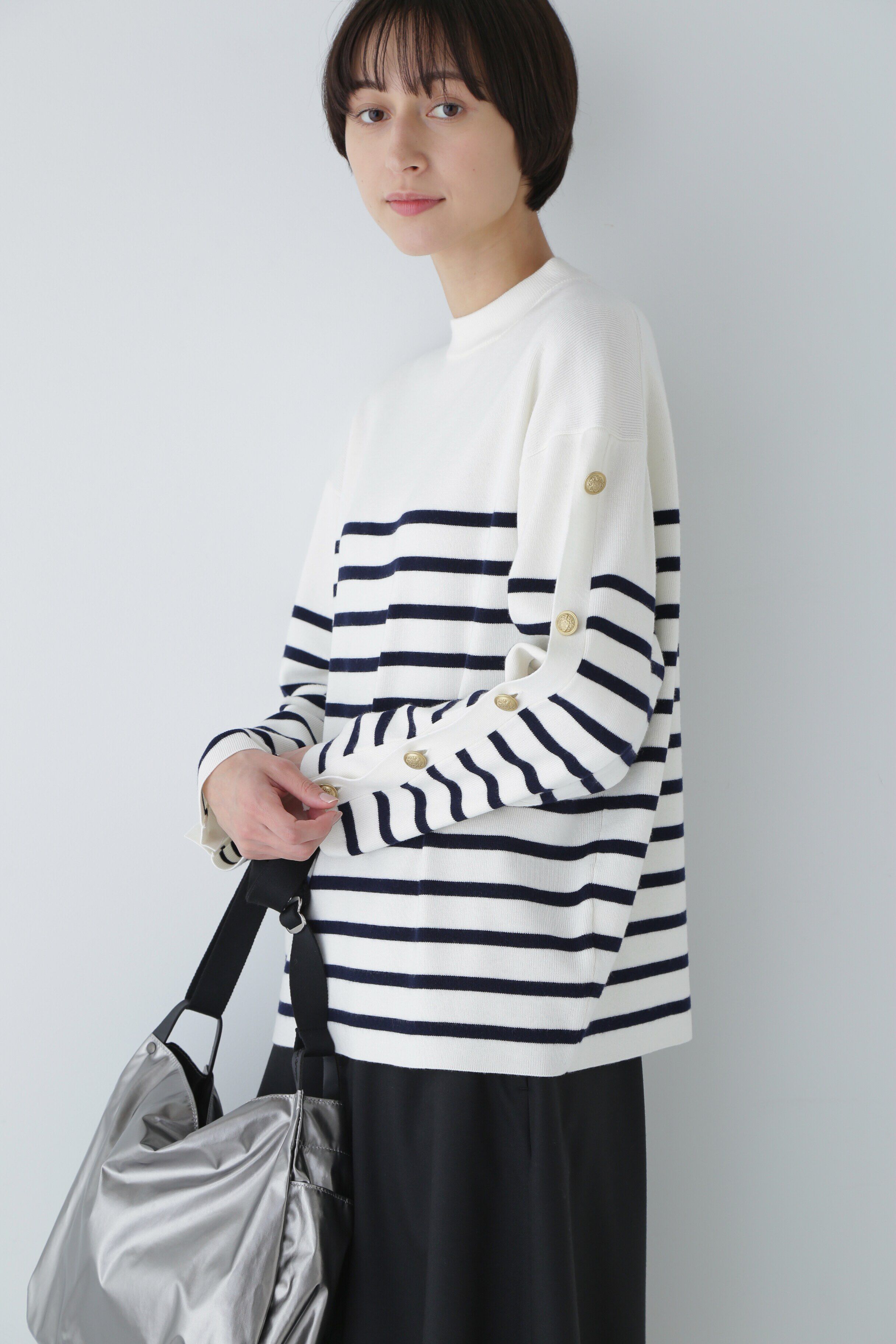  「◆袖ボタン付きボーダーニット」|ニット・セーター|オフ&times;ネイビ  3