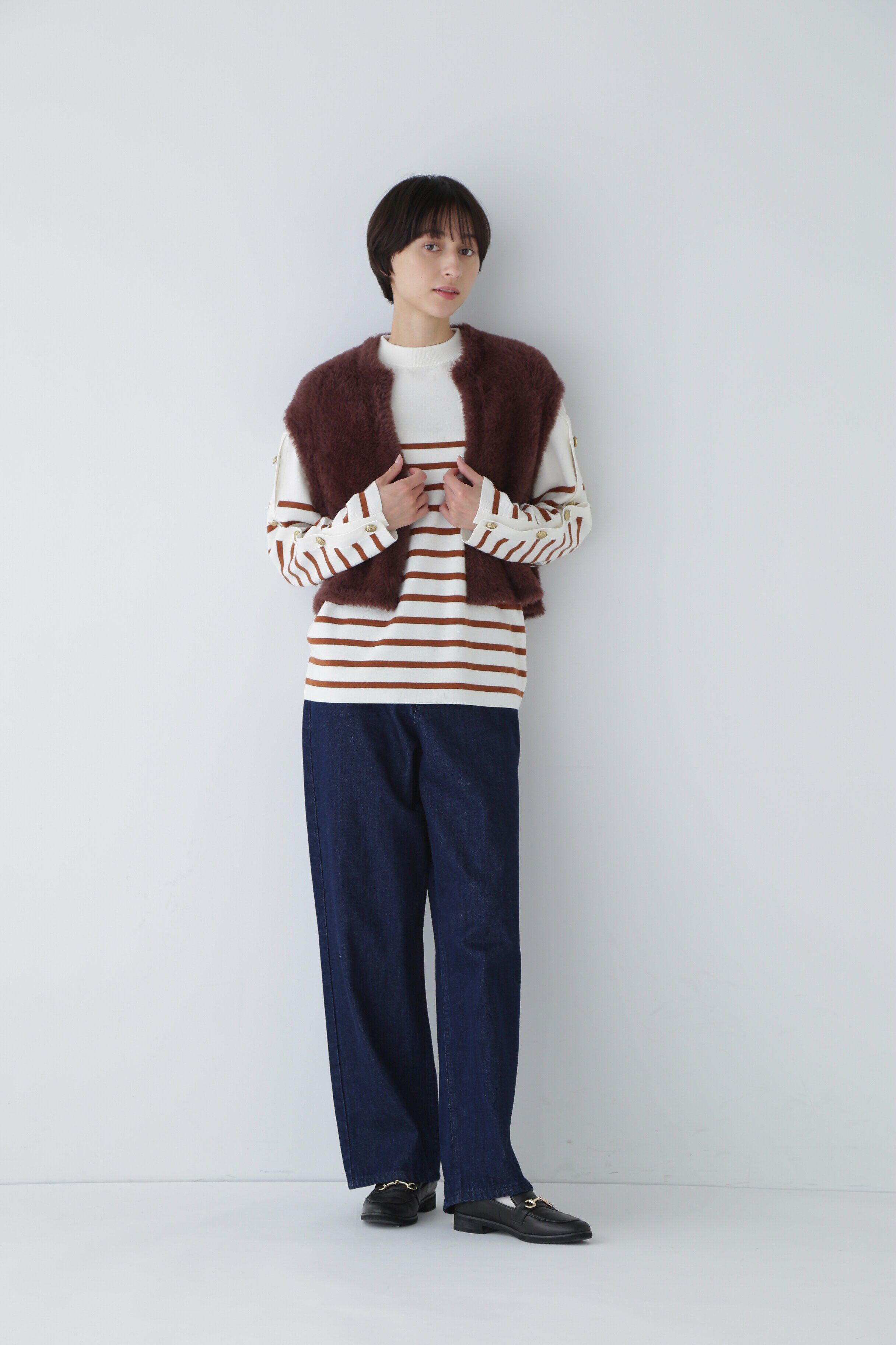  「◆袖ボタン付きボーダーニット」|ニット・セーター|