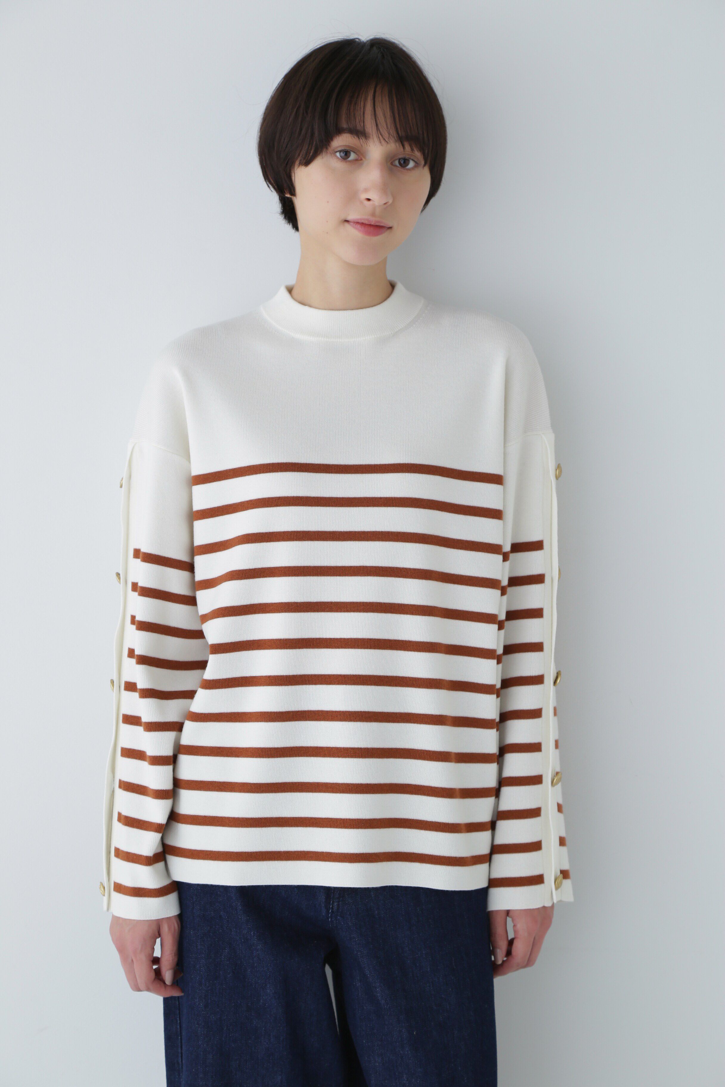  「◆袖ボタン付きボーダーニット」|ニット・セーター|