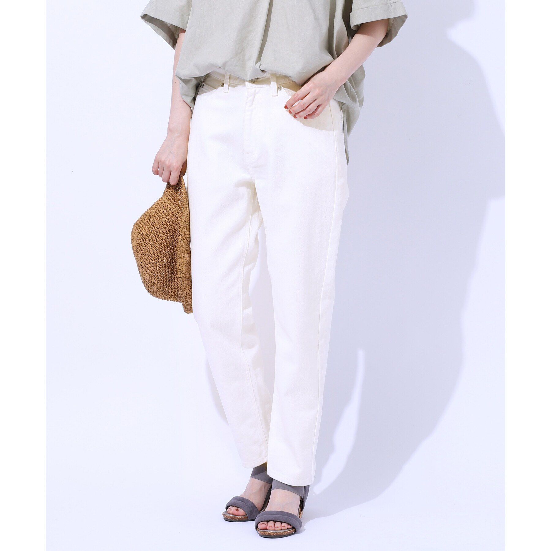 SHOO･LA･RUE「【SS-3L/美脚シルエット】いつでも頼れる デニムテーパードパンツ」|デニム|ホワイト(001)