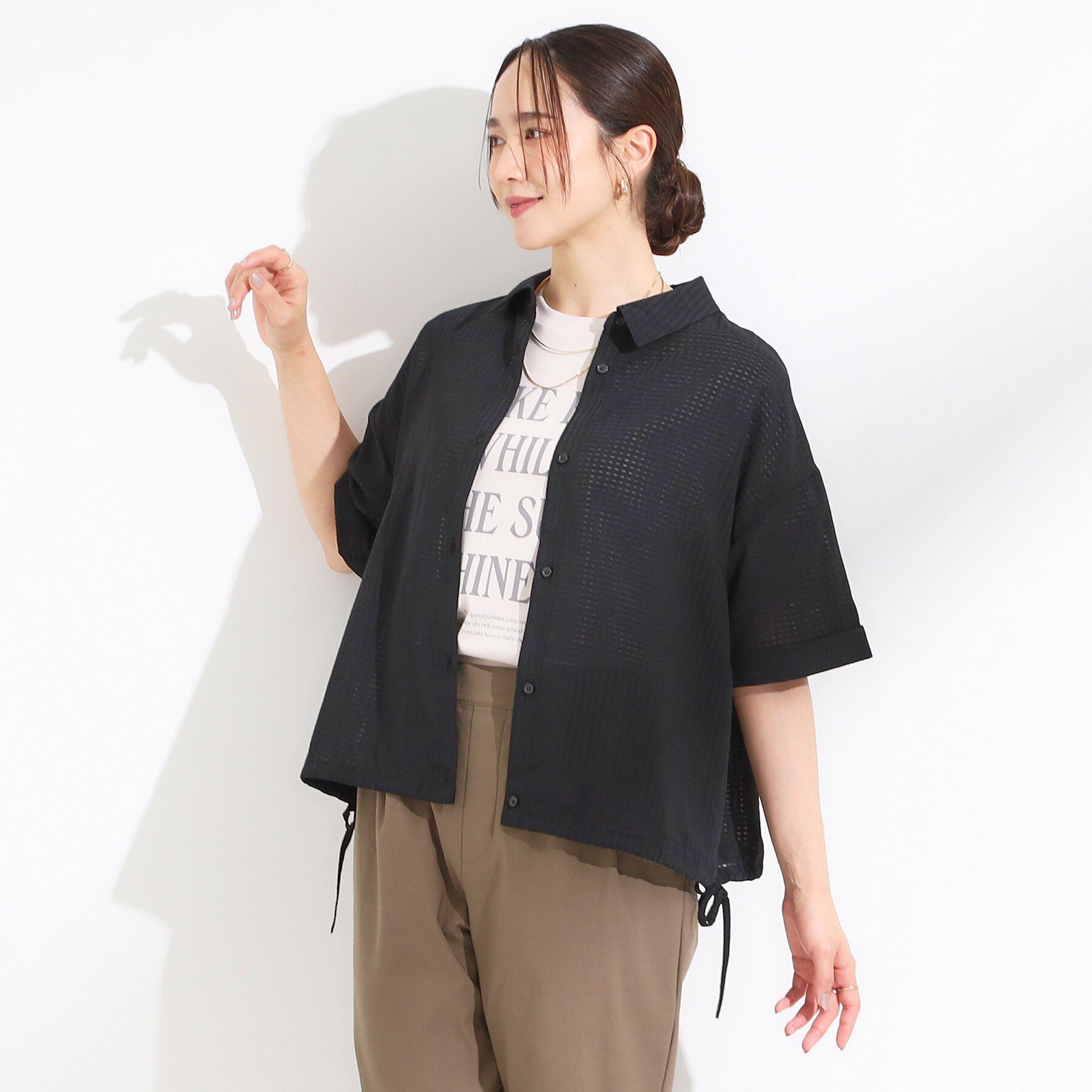 SHOO･LA･RUE「シルエット変化を楽しめる シアーチェックドロストシャツ」|シャツ・ブラウス|