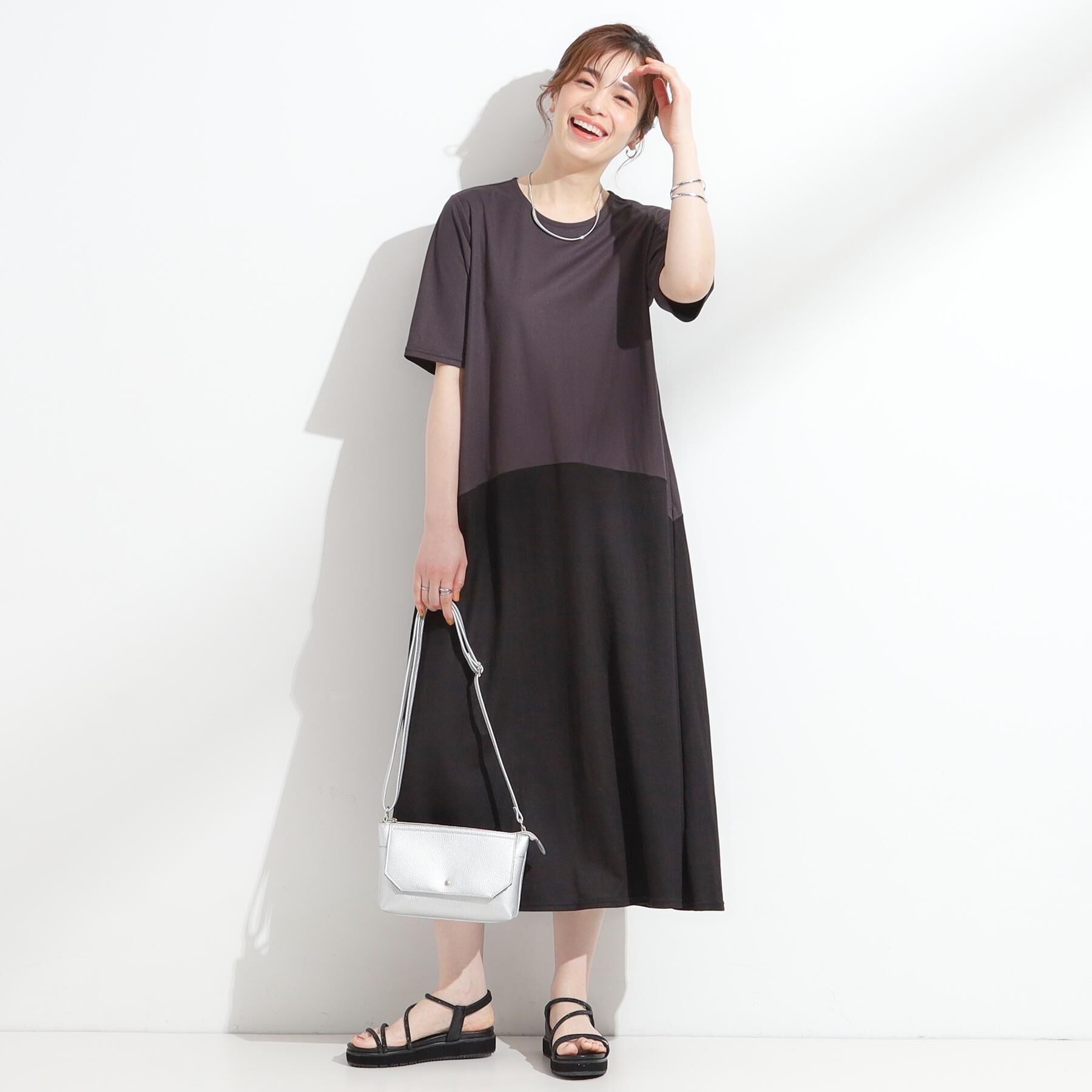 SHOO･LA･RUE「【S-LL/ひんやり/体型カバー】さらりと着られる バイカラーAラインワンピース」|ワンピース|
