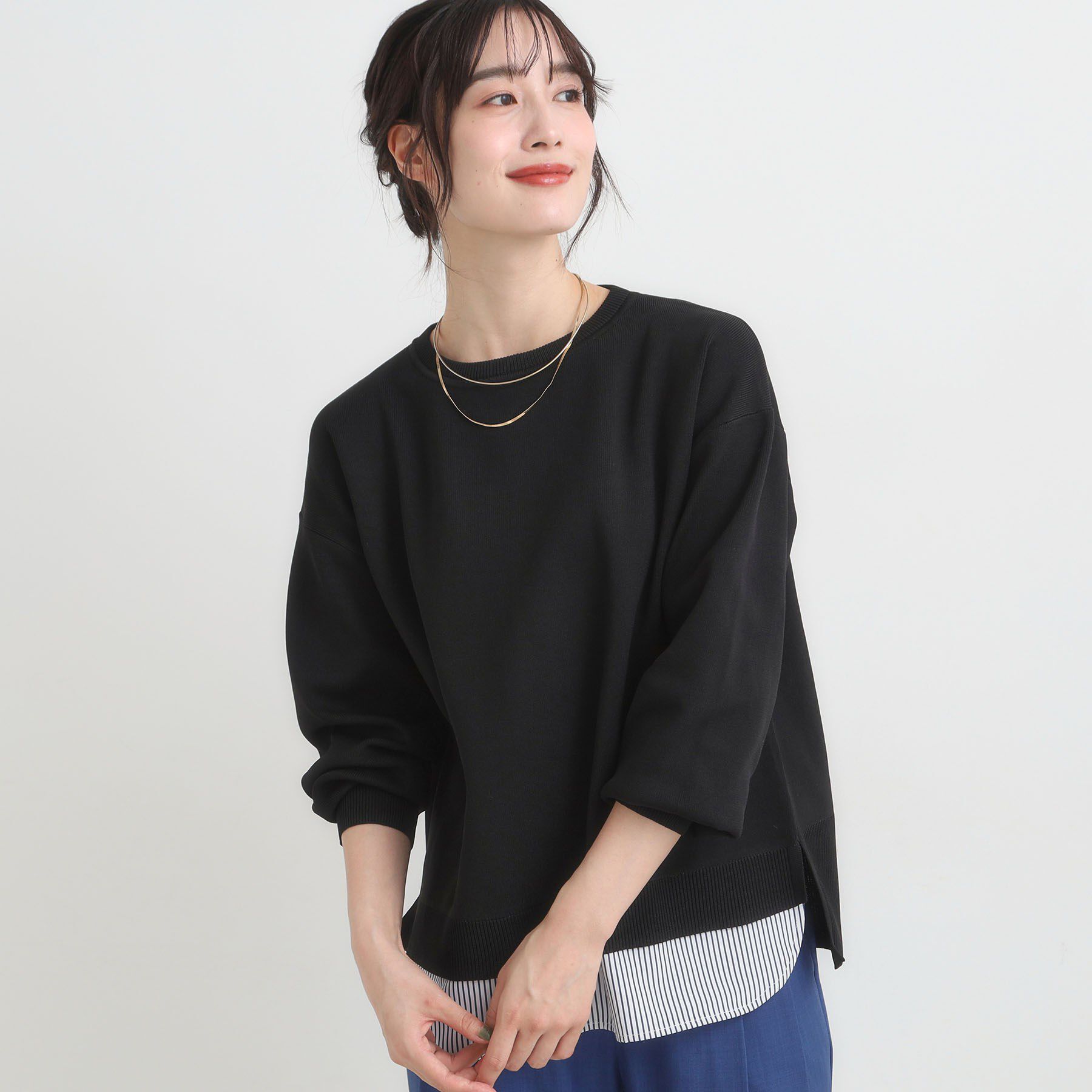 SHOO･LA･RUE「【S-LL/洗える】一枚で簡単こなれ見え スポンディッシュ 裾レイヤード風ニット【CIRCRIC】」|ニット・セーター|ブラック(019)