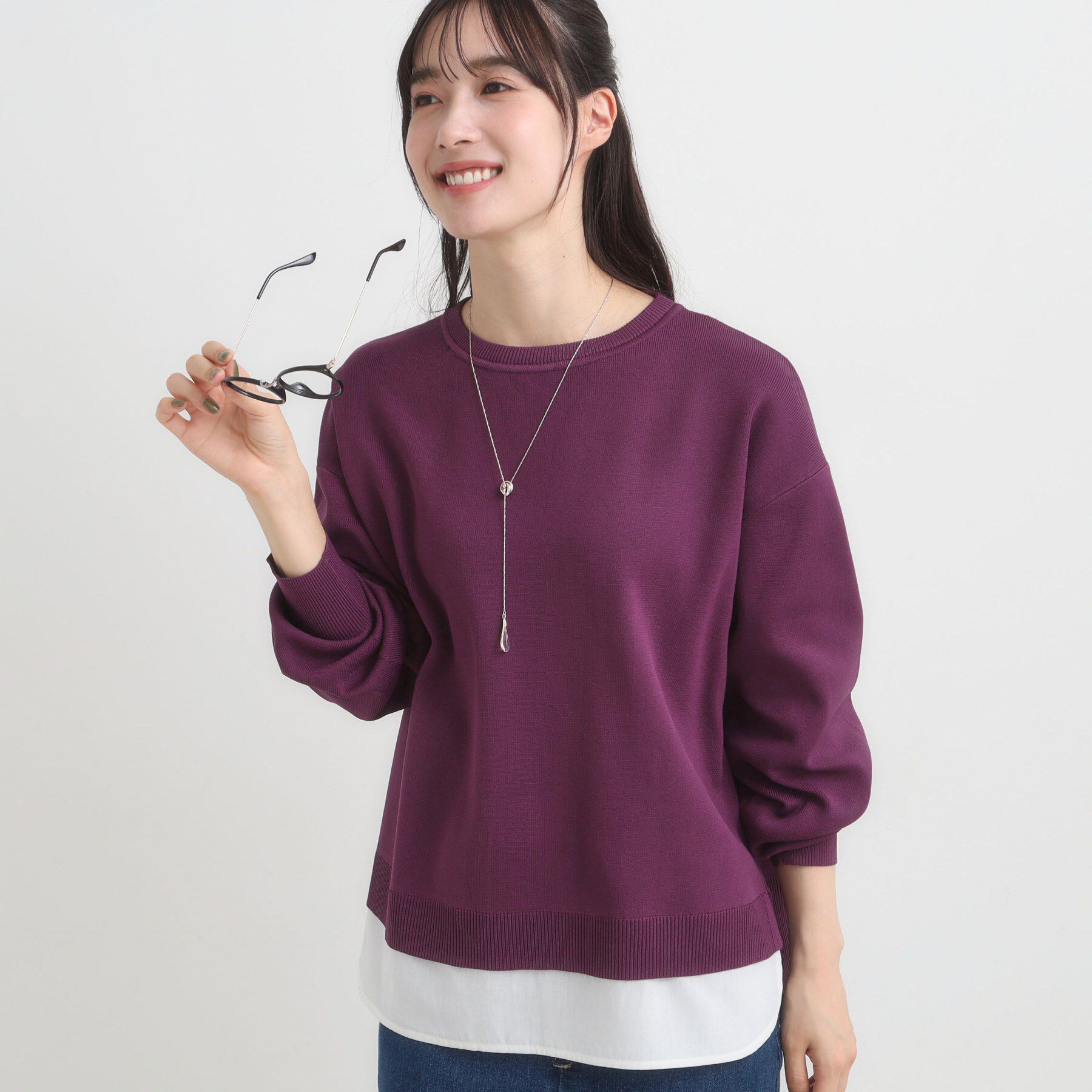 SHOO･LA･RUE「【S-LL/洗える】一枚で簡単こなれ見え スポンディッシュ 裾レイヤード風ニット【CIRCRIC】」|ニット・セーター|パープル(081)