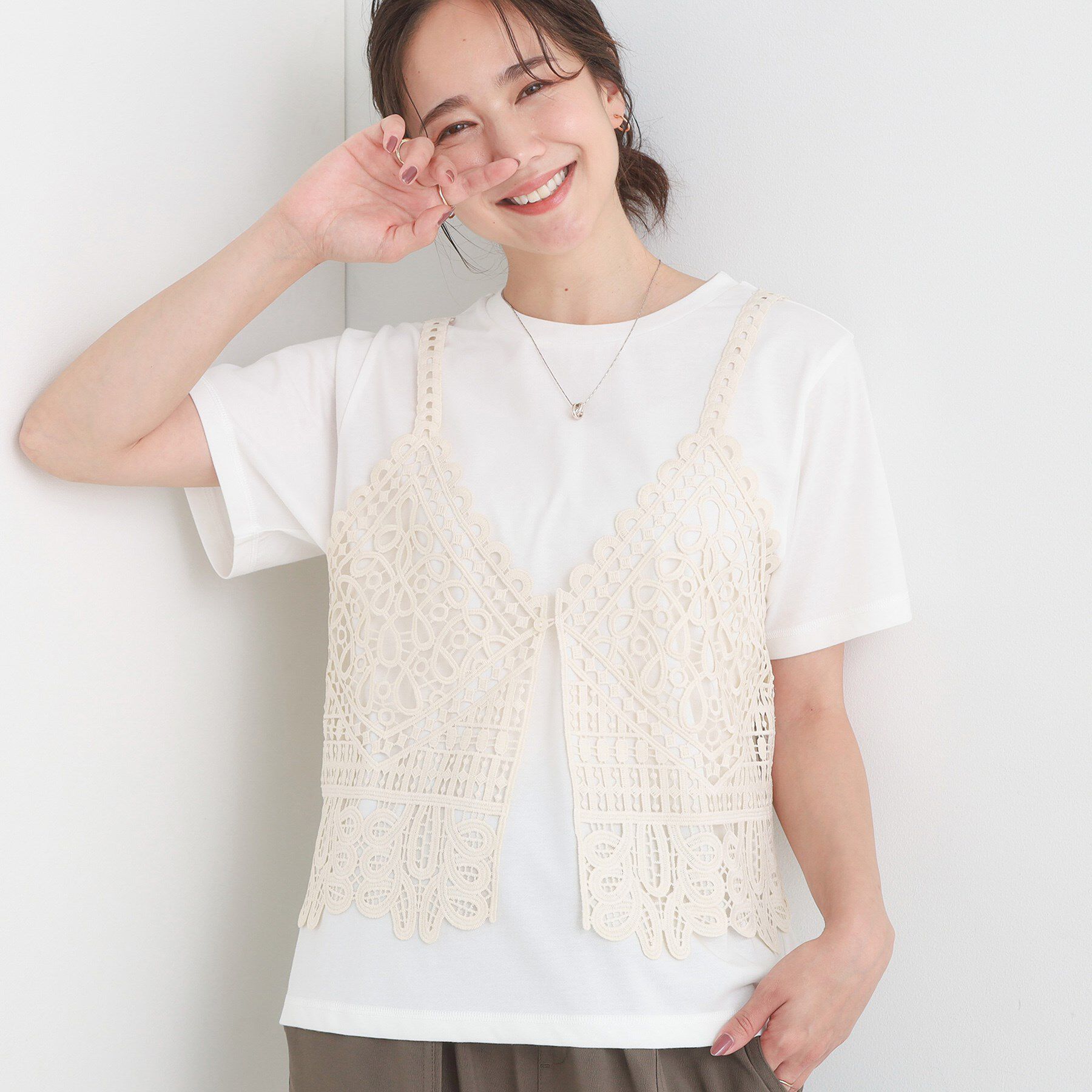 SHOO･LA･RUE「【2点セット/ひんやり】レースビスチェ＋Tシャツ」|その他|オフホワイト(003