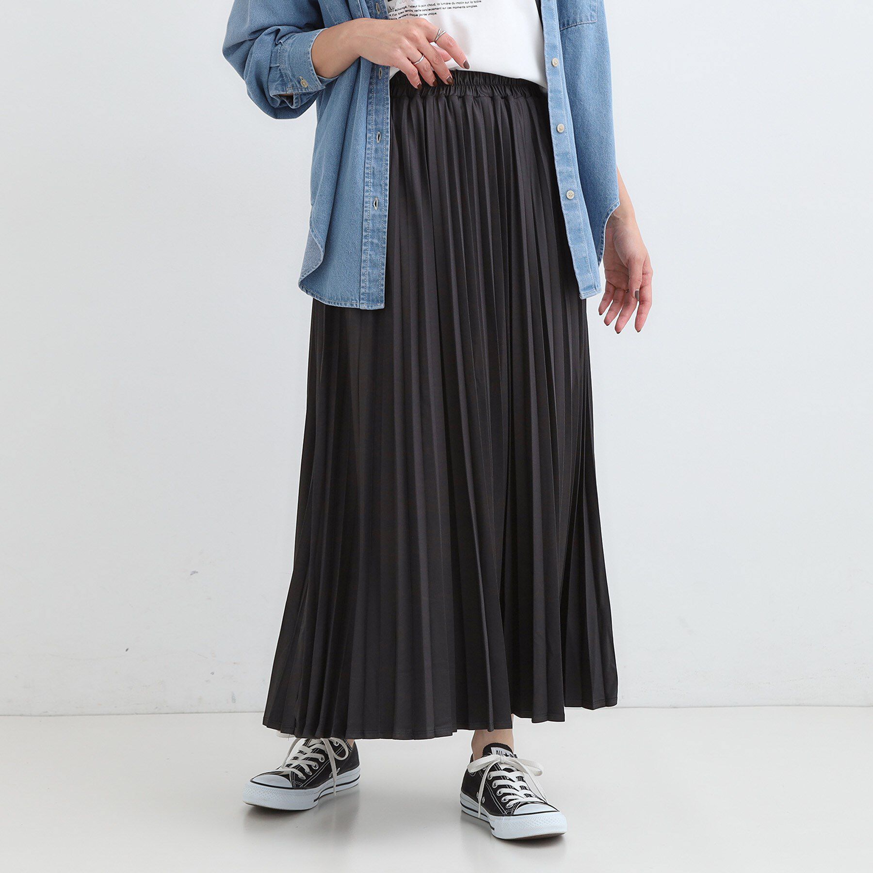 SHOO･LA･RUE「【着丈選べる】きれいめにもカジュアルにも レザー調プリーツスカート」|スカート|