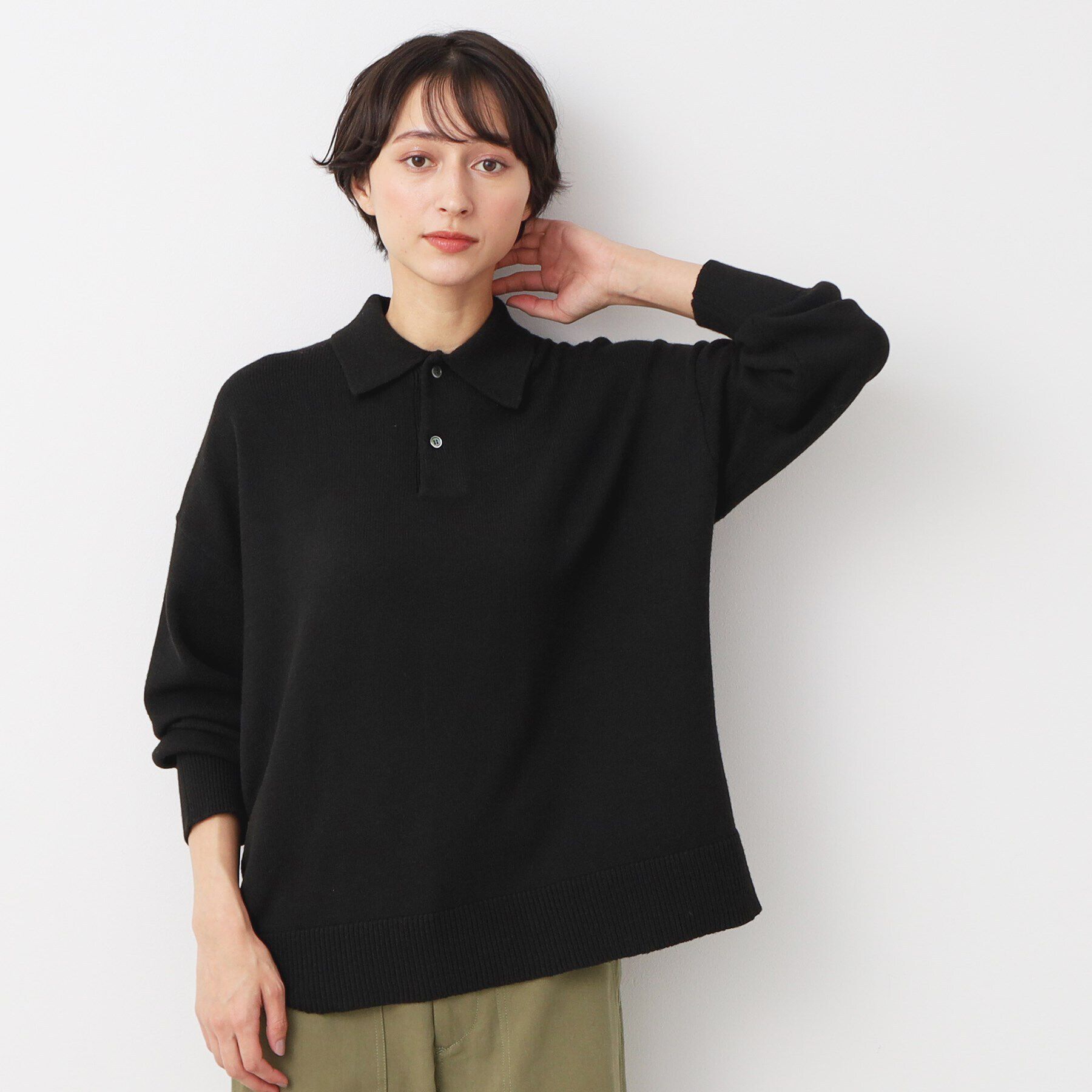 Dessin「【洗える】ボタン付きニットポロ」|ニット・セーター|ブラック(019)