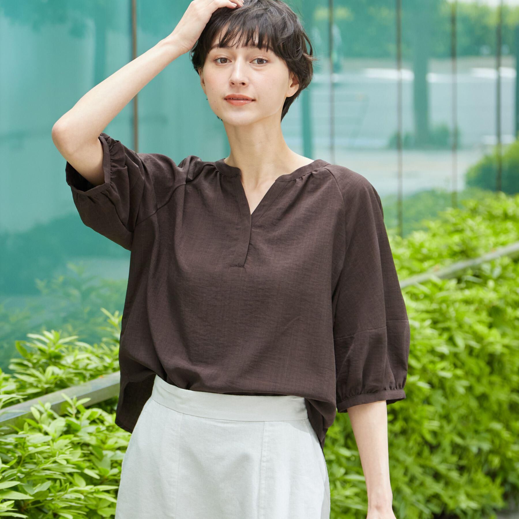 Dessin「【洗える】スキッパ―五分袖ブラウス（XS～L）」|シャツ・ブラウス|