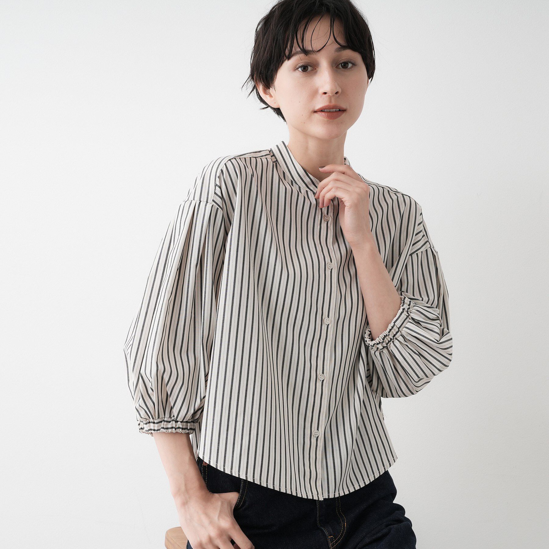 Dessin「【洗える】ストライプギャザー袖ブラウス」|シャツ・ブラウス|