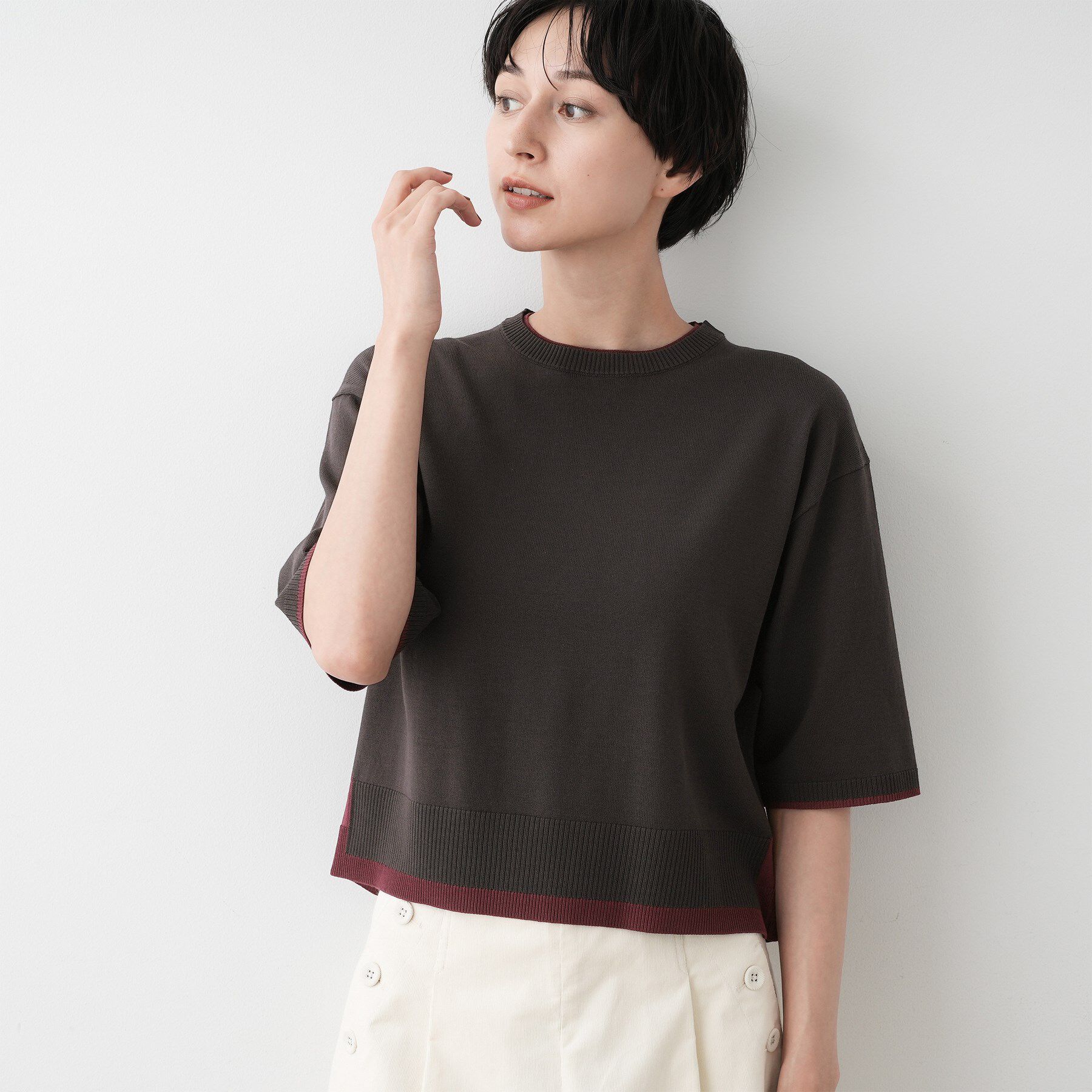 Dessin「【洗える】バイカラーショート丈ニット」|ニット・セーター|ブラウン(544)
