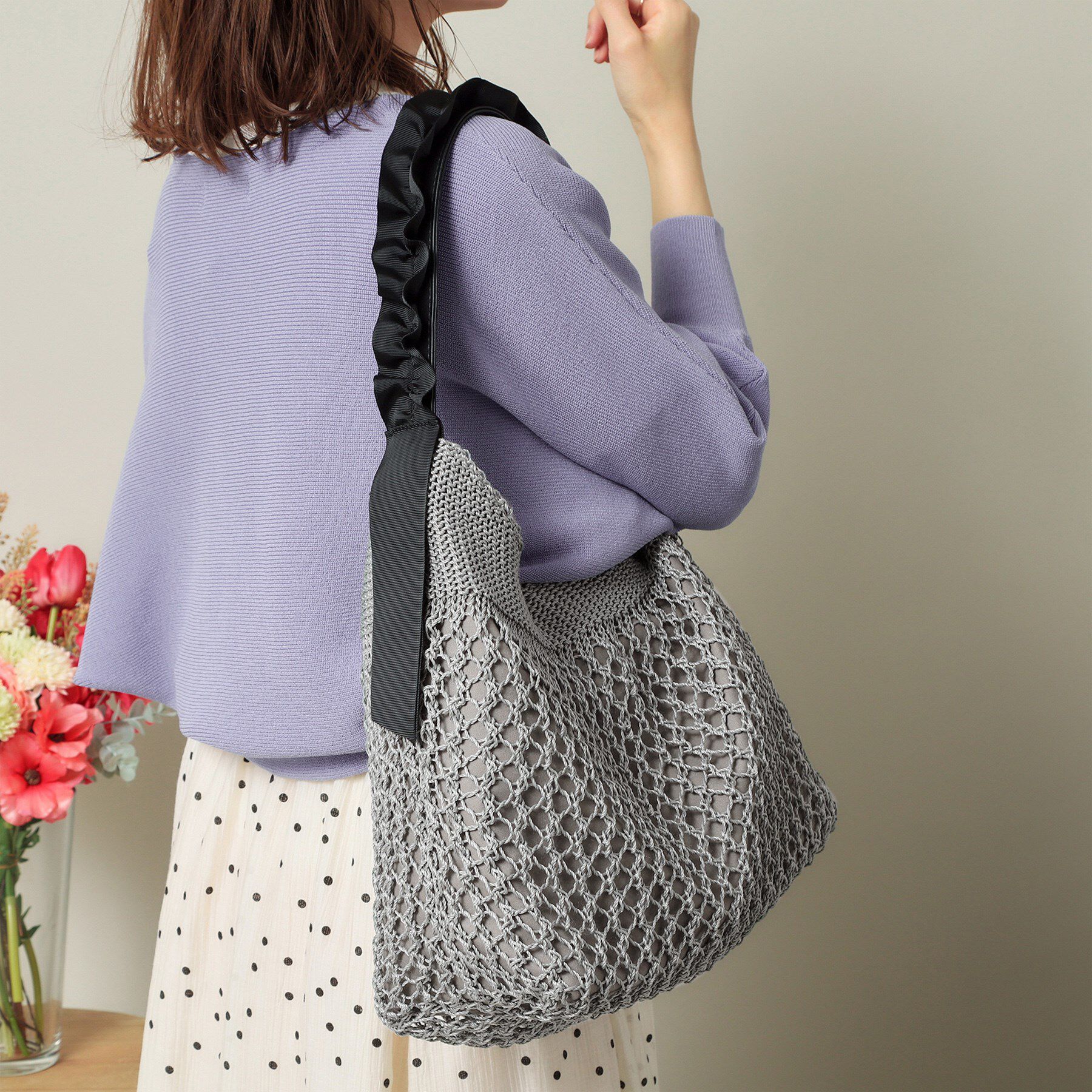 ITS&rsquo;DEMO「コード編みフリルワンハンドルトート」|トートバッグ|グレー(012)