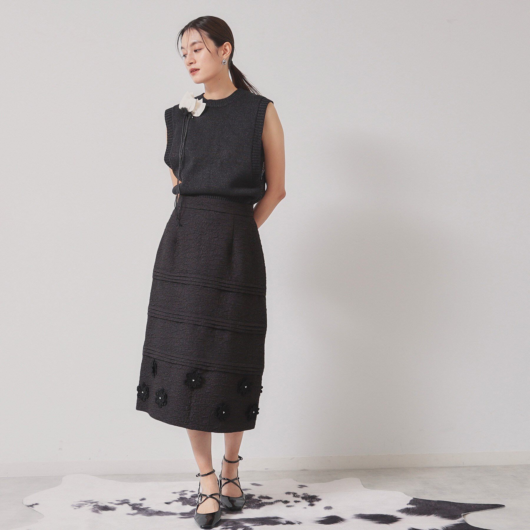 SunaUna「【お花モチーフ／タック切り替え】Aラインスカート」|スカート|