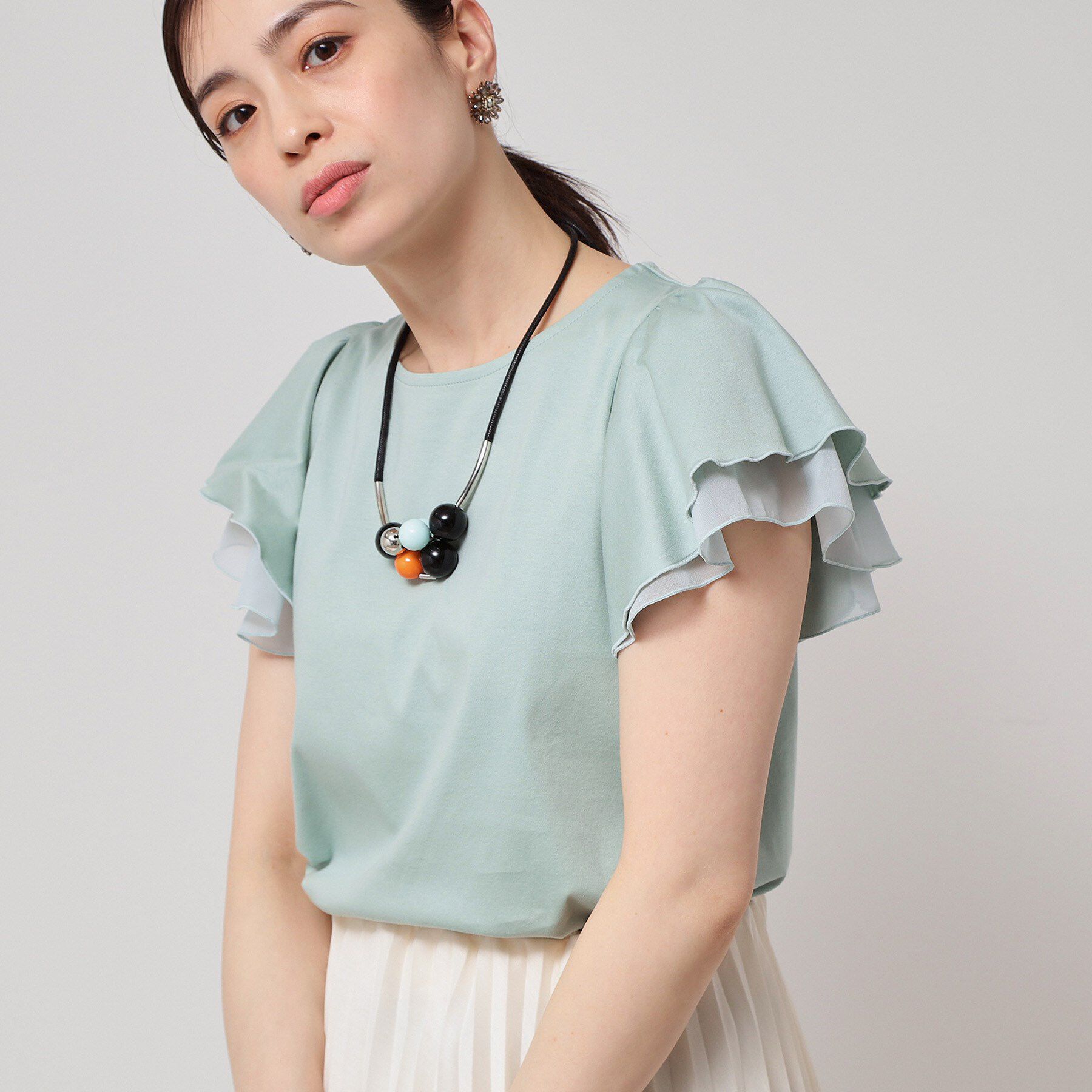 SunaUna「【接触冷感／S～Lサイズ展開】シフォン使いフレアスリーブカットソー」|Tシャツ・カットソー|