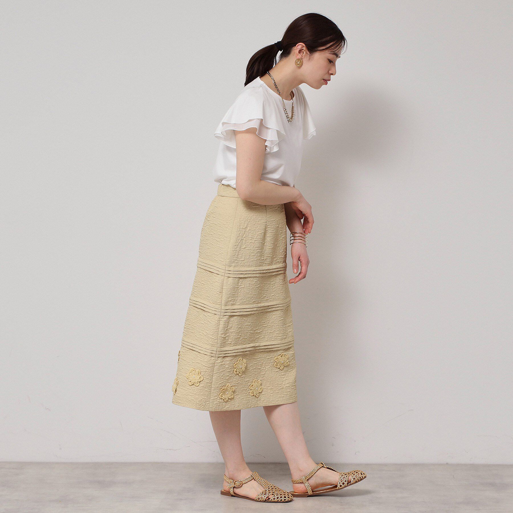 SunaUna「【接触冷感／S～Lサイズ展開】シフォン使いフレアスリーブカットソー」|Tシャツ・カットソー|