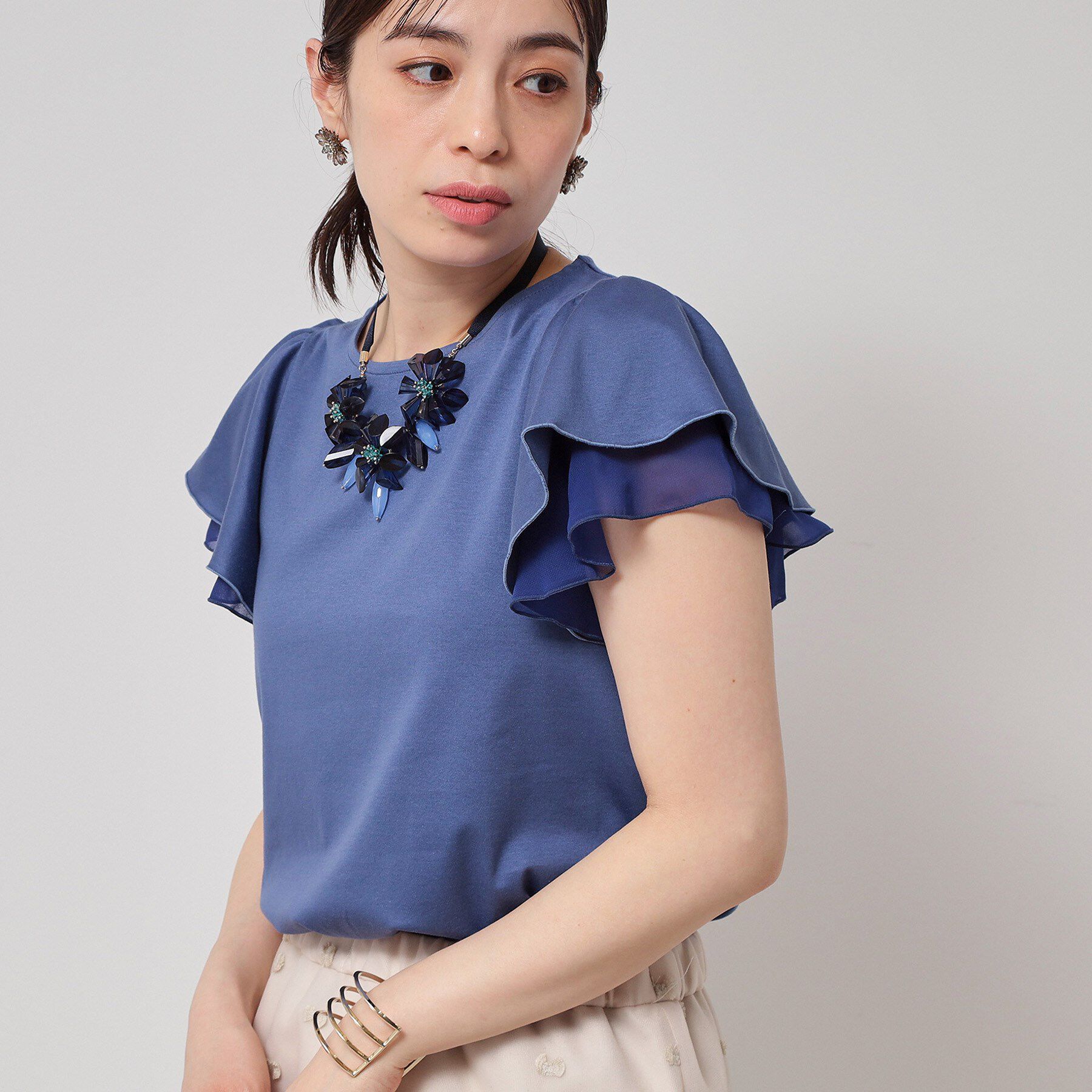 SunaUna「【接触冷感／S～Lサイズ展開】シフォン使いフレアスリーブカットソー」|Tシャツ・カットソー|ブルー(092)