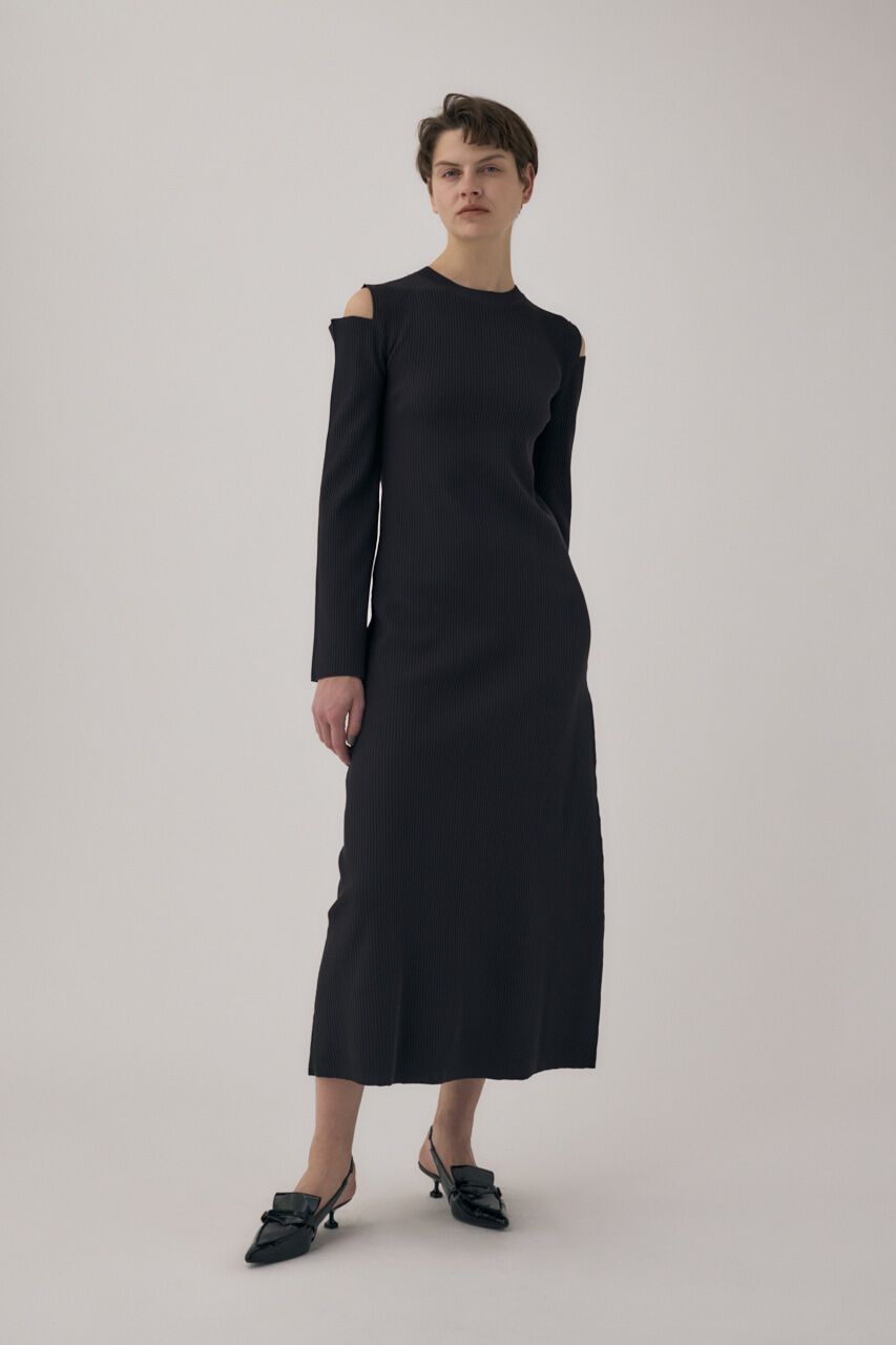 MOUSSY「リサイクルポリエステル使用オープンショルダーニットドレス」|ワンピース|BLK