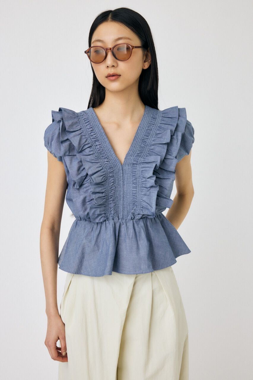 MOUSSY「SHOULDER フリルブラウス」|シャツ・ブラウス|BLU