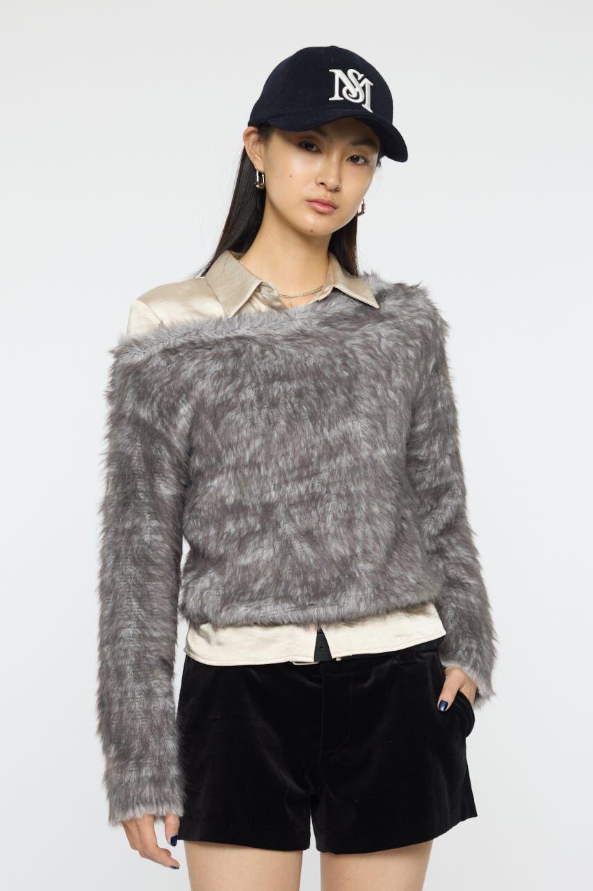 MOUSSY「FAUX FUR KNIT CROP トップス」|ニット・セーター|GRY