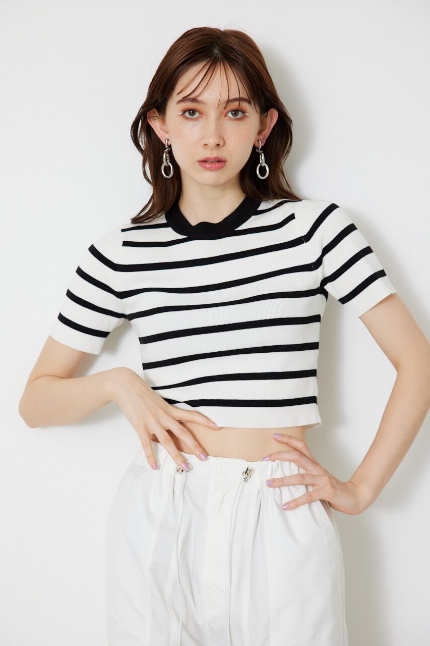 rienda「ボーダーショートKnit TOP」|ニット・セーター|WHT