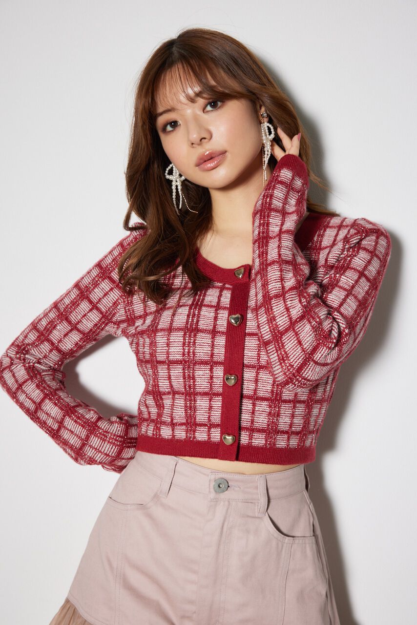 rienda「2WAYチェックニットカーディガン」|ニット・セーター|RED