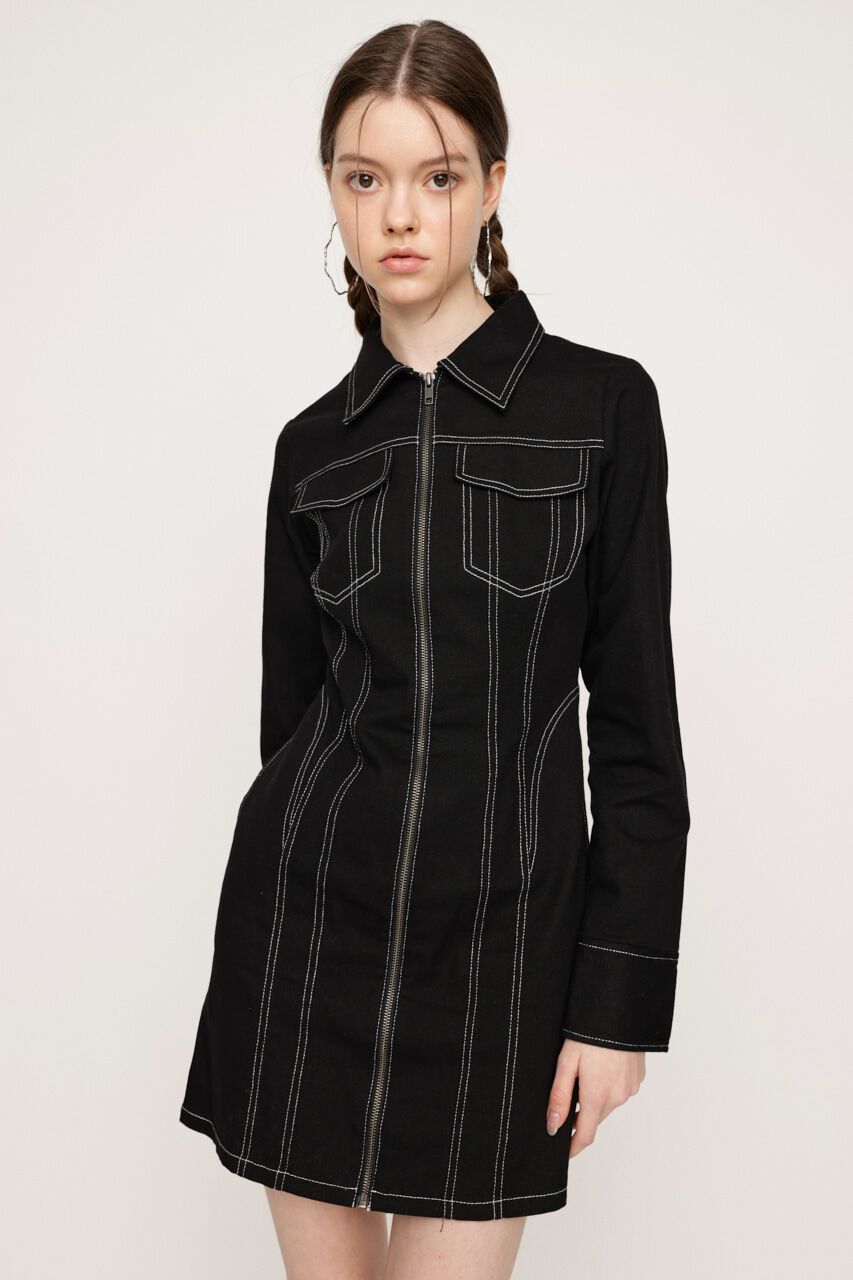 SLY「FRONT ZIP DENIM DETAIL ショートワンピース」|ワンピース|BLK