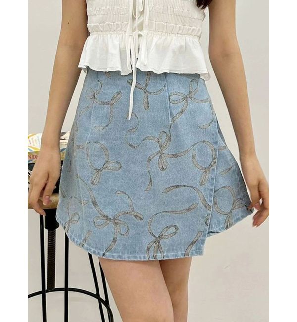 MERCURYDUO「リボンプリントデニムラップスカパン」|スカート|