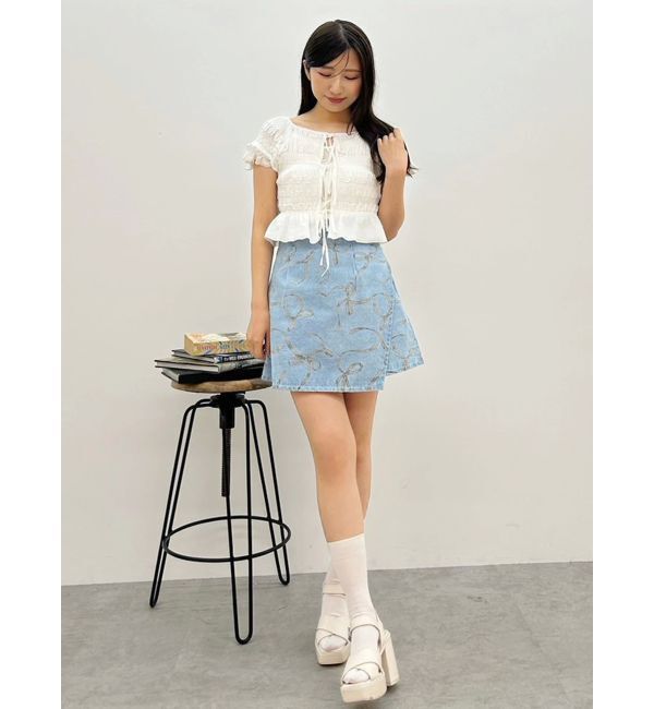 MERCURYDUO「リボンプリントデニムラップスカパン」|スカート|