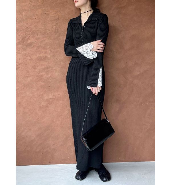 LAGUNAMOON「【WEB限定カラーあり】レーススリーブネップリブニットワンピース」|ワンピース|