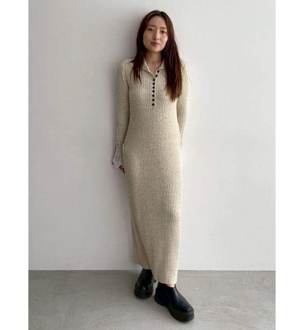 LAGUNAMOON「【WEB限定カラーあり】レーススリーブネップリブニットワンピース」|ワンピース|