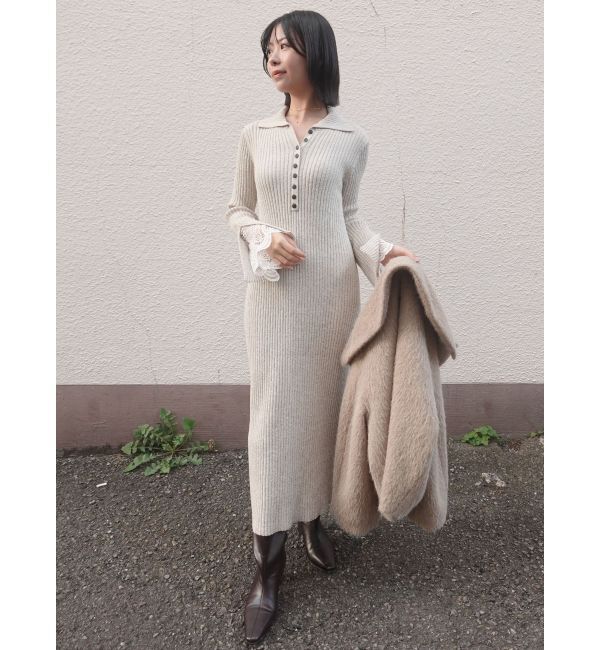 LAGUNAMOON「【WEB限定カラーあり】レーススリーブネップリブニットワンピース」|ワンピース|