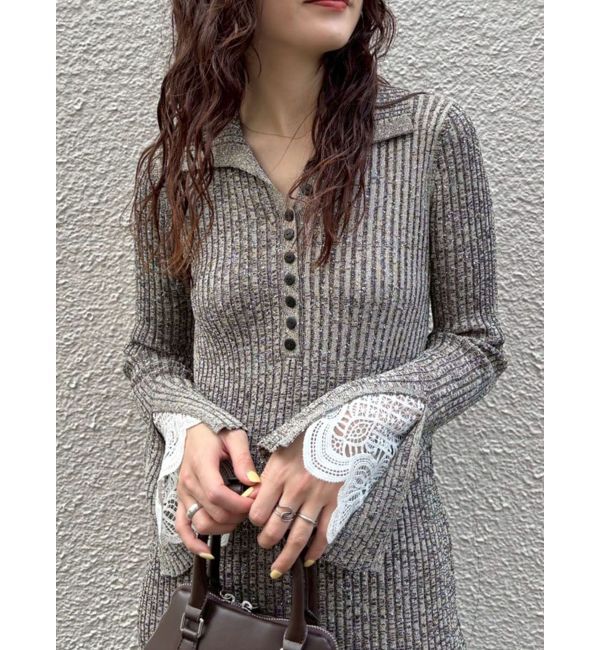 LAGUNAMOON「【WEB限定カラーあり】レーススリーブネップリブニットワンピース」|ワンピース|ミックス