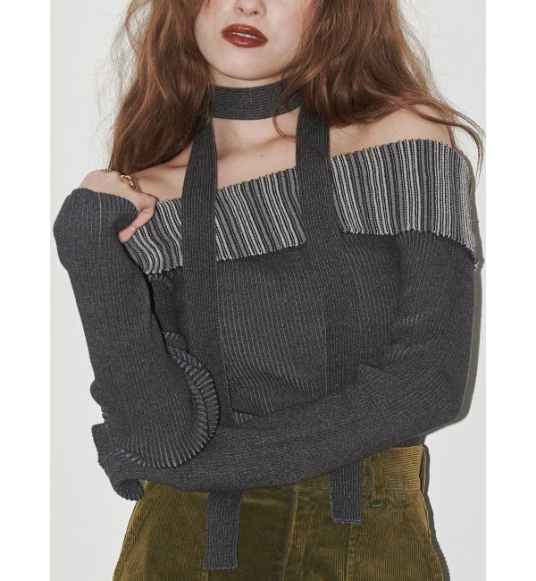 EVRIS「チョーカーSETオフショルニットトップス」|ニット・セーター|グレー