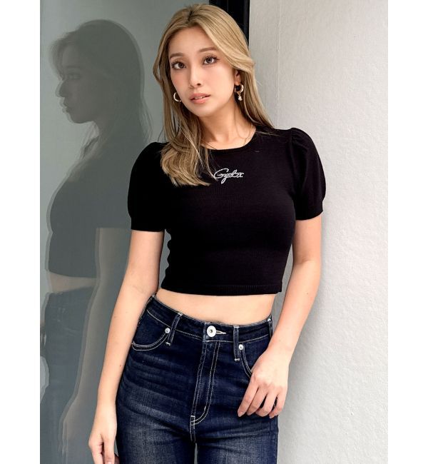 GYDA「Gydaパフスリーブニットトップス」|ニット・セーター|ブラック