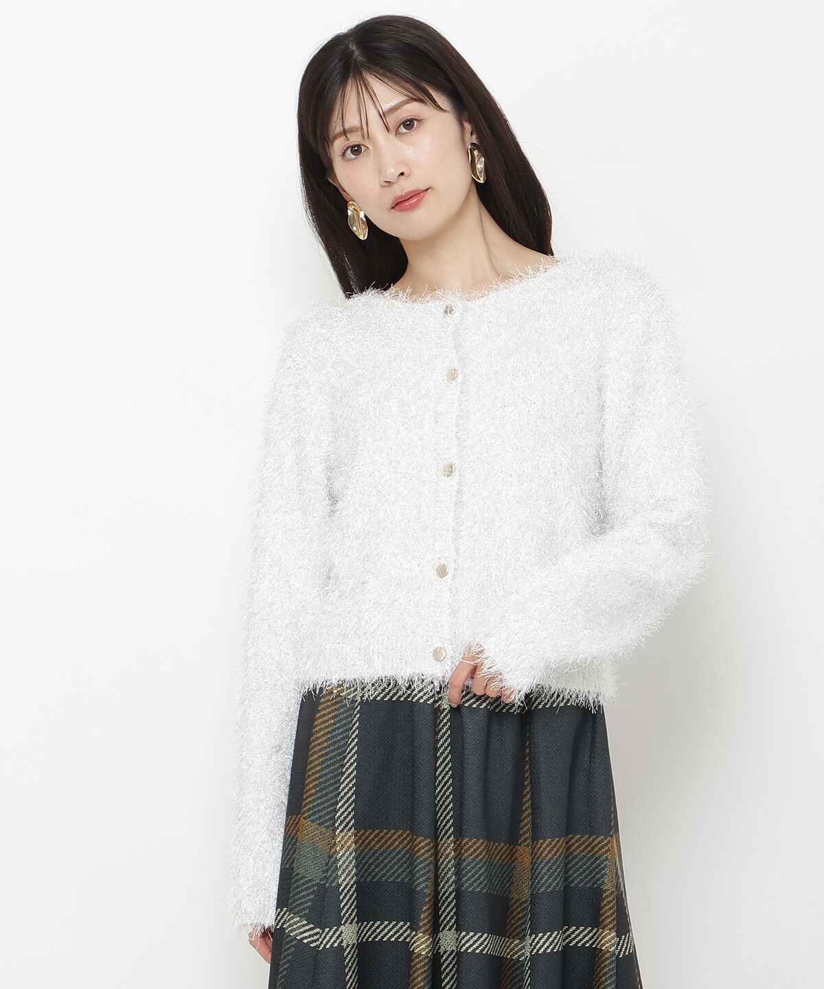 アンドクチュール「ラメフリンジフェザーカーディガン」|カーディガン|オフ