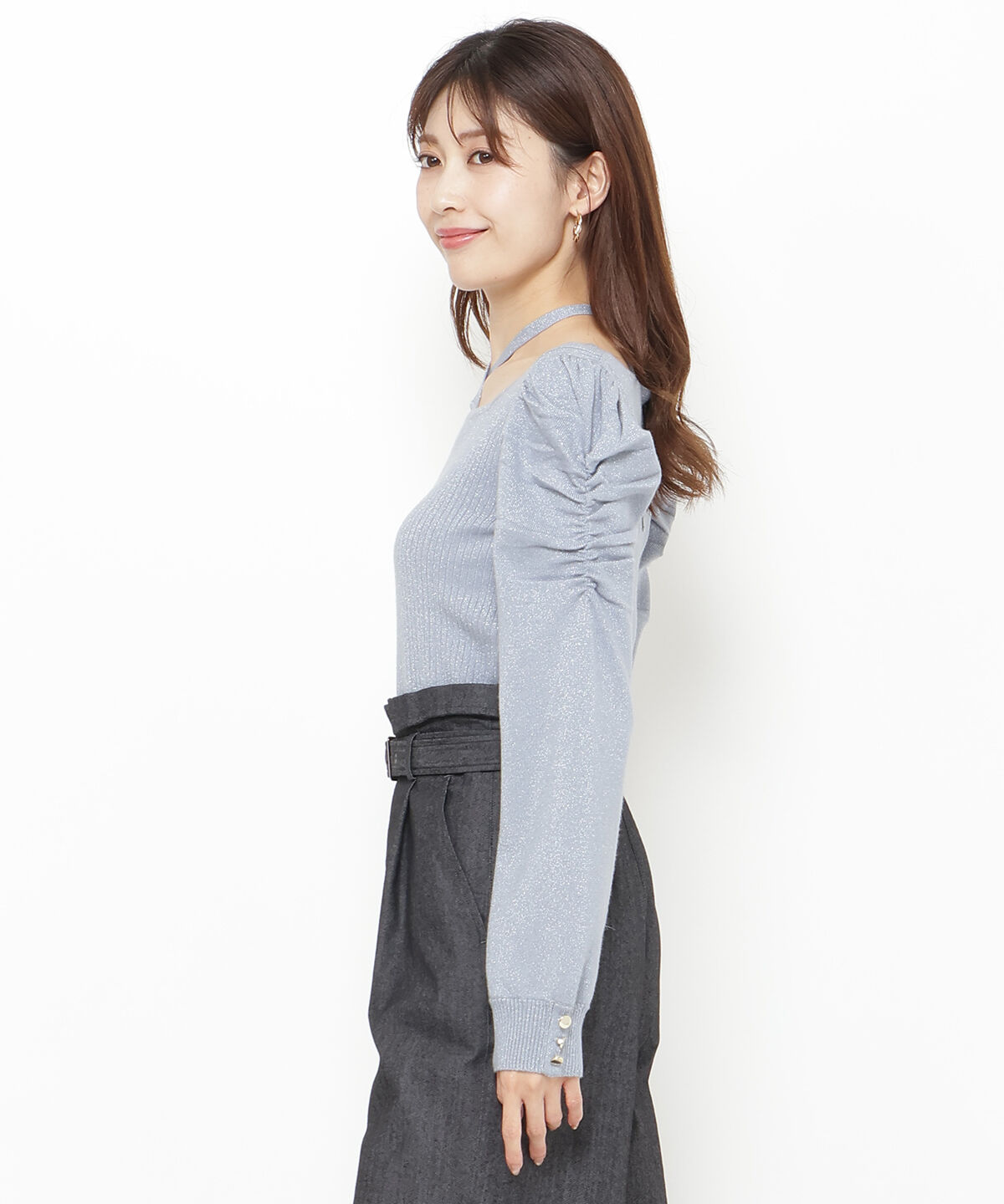 アンドクチュール「スクエアネック袖ギャザーラメプルオーバー」|ニット・セーター|