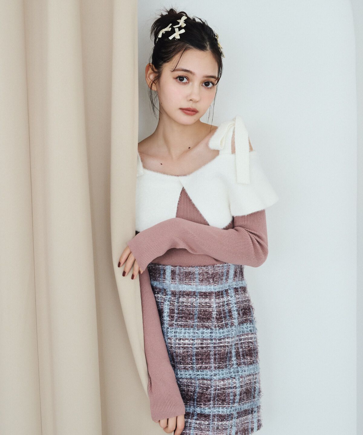 REDYAZEL「シャギーリボンオフショルニットトップス」|ニット・セーター|