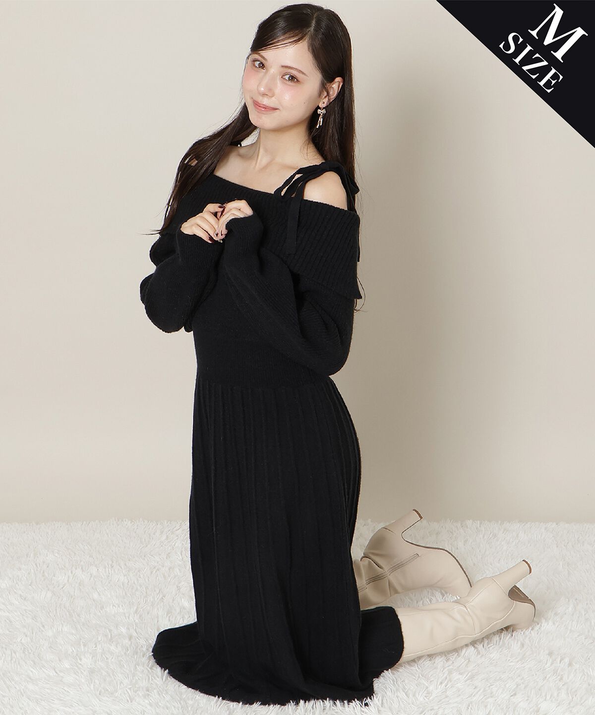 WILLSELECTION「オープンショルダープリーツニットワンピース」|ワンピース|