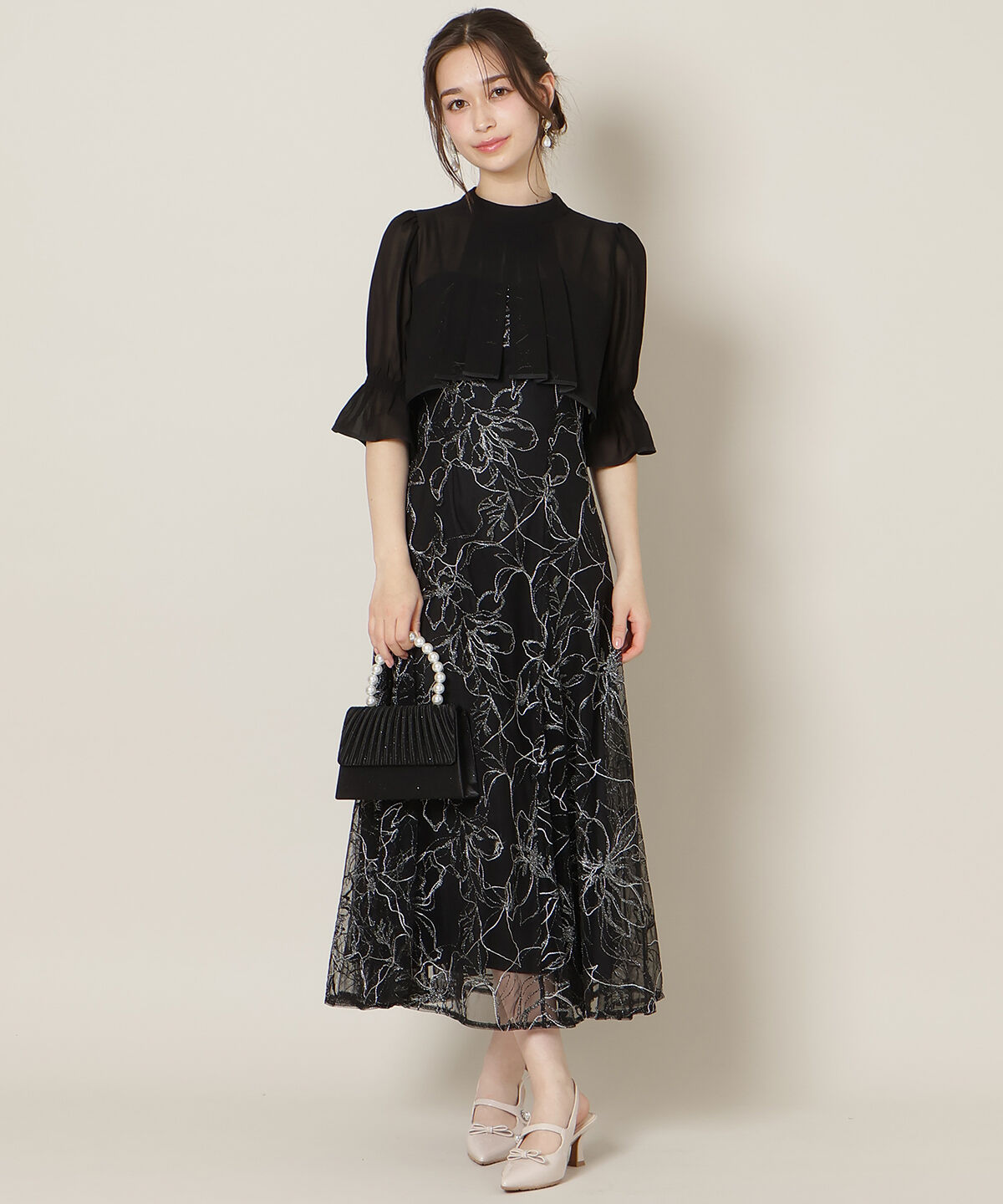 WILLSELECTION「フロントスリットフレアブラウス&times;フレアレースキャミワンピース」|ドレス|ブラック