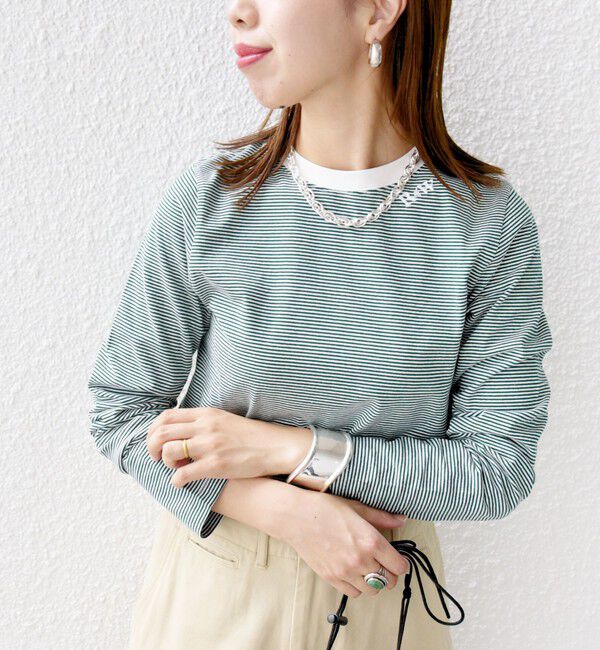 SHIPS for women「《一部追加予約》【WEB限定】〈洗濯機可能〉刺繍 デザイン ボーダー リンガー TEE」|Tシャツ・カットソー|ダークグリーン