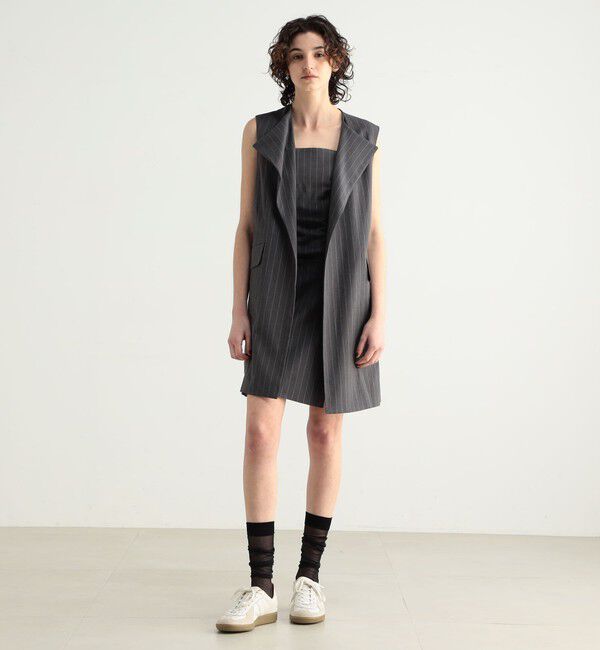 BACCA「リネンコットンストライプ ノーカラーベスト」|ノーカラージャケット|