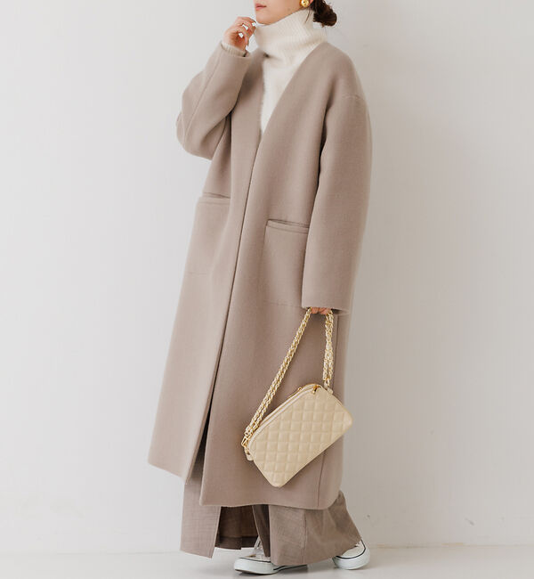 Rouge vif「ノーカラー ロングコート」|ノーカラーコート|ベージュ