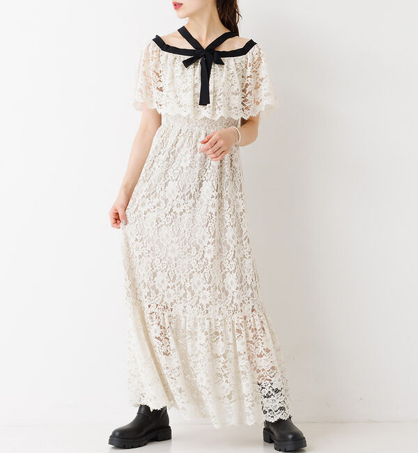 Rouge vif「バイカラーリボン レースワンピース」|ワンピース|アイボリー