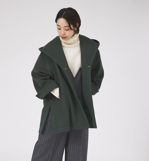 qualite「フーディーコート」|ノーカラーコート|カーキ