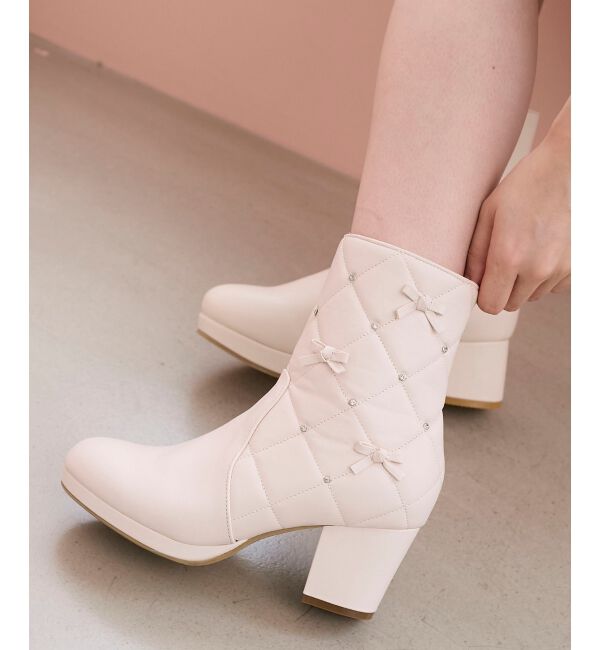  「キルティングビジューリボンブーツ」|ショートブーツ|